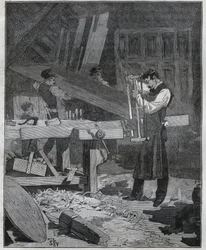 Ebenisterie: ebenist pracownik dzielący deskę w ustalonym. Grawer z 1885 roku w „Les arts et metiers illustres” Adolphe BITARD.