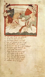 Np. 3028 f.51 Artur walczy z cesarzem Lucjuszem, z Kroniki wersetu „Roman de Brut” (welum)