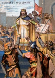 Wybór Hugues-Capet (987) na króla. Chromolitografia z cyklu „Wychowanie patriotyczne przez obraz”.