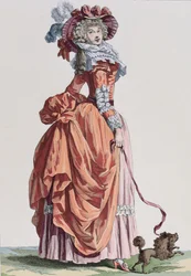 Elegancka kobieta z pieskiem, talerz z modą z Galerie des Modes et Costumes Francais, grawerowane przez Bacquoy (kolorowe grawerowanie)