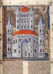 Elewacja fasady Świątyni Salomona w Jerozolimie Miniatura zaczerpnięta z "Komentarzy do Biblii" Mikołaja z Liry (XIII w.) XIV w. Cambrai, biblioteka miejska