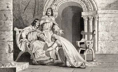 Emme całuje kolano swojego męża Raoula (zm. 936) w uznaniu jego suwerenności, z „Histoire de France” Colarta, wydanej ok. 1840 r.