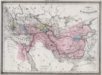 Imperium i Ekspedycja Aleksandra Wielkiego – płyta z „Uniwersalnego atlasu geografii starożytnej i nowożytnej na użytek szkół rezydencyjnych” Vuillemina - ca. 1845