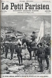 Koniec wojny amerykańsko-hiszpańskiej (American Hispano) w 1898 roku. Amerykańscy oficerowie ogłaszają zaprzestanie działań wojennych na hiszpańskich placówkach. Grawer w „Le petit parisien”” z 1898 r.