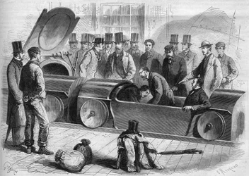 Anglia 1865: London Air Railway. Książę Buckingham i kilku członków firmy rozpoczęło podróż pneumatyczną. Grawerowanie z 1865 roku.