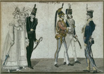 Stroje angielskie, ilustracja z Le Bon Genre, pocz. XIX w. (kolorystyka)