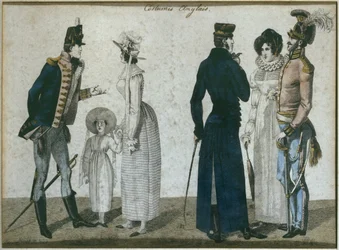 Stroje angielskie, ilustracja z Le Bon Genre, pocz. XIX w. (kolorystyka)