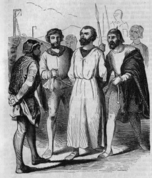 Szambelan Enguerrand de Marigny i minister króla Filipa IV Bela maszerującego na tortury w 1315 r. Rycina z XIX wieku.
