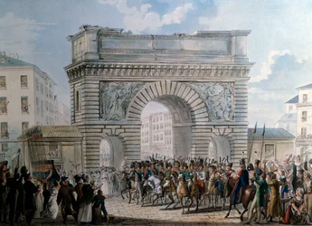 Wjazd aliantów do Paryża przez Porte Saint Martin w dniu 31.03.1814 r. parada króla Ludwika XVIII (1755-1824). Druk z 1814 r. Paryż, Musee Carnavalet