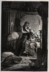 Eponine i jej mąż Julius Sabinus (zmarł 78 r.) żyjący potajemnie w jaskini, aby uciec przed cesarzem Wespazjanem (9-79) - Sabinus i jego żona Eponine, ukryci w jaskini - grawerunek z „” L