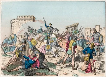 Eudes (Odon) (860-898), dynastia karolińska, poprowadziła bitwę przeciwko Normanom i zwycięsko obroniła Paryż (885-887) - Eudes (860-898) w walce z Normanami - Rycina z końca XIX wieku w „” Nos Gires Nationales – obrazy i obrazy