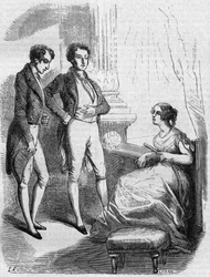 Eugeniusz de Rastignac przedstawiony Madame de Nucingen przez markiza Adjuda. Grawerowanie w połowie XIX wieku. Ilustracja do „Ojca Goriota” Honore de Balzac (1799-1850).