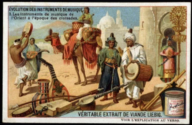 Ewolucja instrumentów muzycznych: arabskie instrumenty muzyczne od Wschodu po erę wypraw krzyżowych. Bendir, Duff, oud, Rabab i inne instrumenty smyczkowe, dęte i perkusyjne (bęben). Chromolitografia Liebiga z końca XIX wieku.