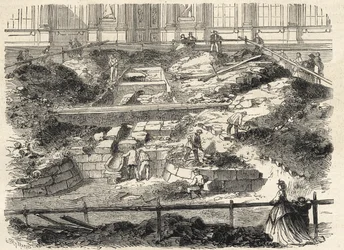 Wykopaliska w Cour Carree du Louvre - Odkrycie fundamentów dawnej wieży Philippe Auguste - Wykopaliska wykonane na dziedzińcu Luwru - aktualizacja fundamentów dawnego Tour Philippe-Auguste - Grawerowanie w „Le monde i