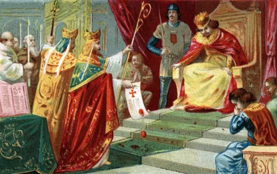 Ekskomunika Roberta II Pobożnego w 998”. Król Francji, syn Huguesa Kapeta, zakochuje się i poślubia swoją kuzynkę Berthe z Burgundii, pomimo dezaprobaty papieża Grzegorza V, który również go ekskomuniści. Chromolitografia z końca XIX wieku