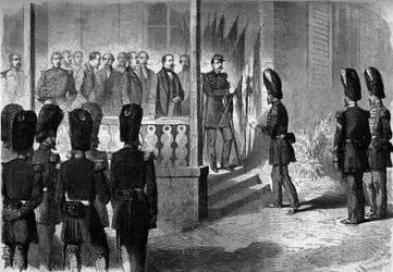 Wyprawa do Meksyku (1861-1867): Napoleon III (1808-1873) ma sierżantów pułków grenadierów gwardii, biorąc pod uwagę flagi zdobyte przez armię francuską w Meksyku
