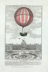 Doświadczenie aerostatycznego globu MM. Charles i Robert w Jardin des Thuileries 1 grudnia 1783, wyd. 1783 (grawerowanie ręcznie kolorowane)
