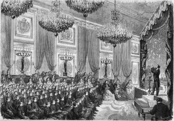 Eksperymenty fizyczne przeprowadzone przez Henri Robina (około 1803-1874) na cześć najlepszych uczniów liceów paryskich, pokaz zaoferowany przez księcia cesarskiego w pałacu Tuileries, 27 stycznia 1865 r. Obecny: książę cesarski, syn N.