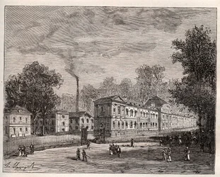 Widok z zewnątrz na Imperiale Fabrykę Porcelany w Sevres, wybudowaną w parku Saint Cloud według planów architekta Laudina - rycina w „Ilustracja Francji: geografia, historia, administracja statystyczna” autorstwa V.-A. Słodowo-Brązowy. 1884