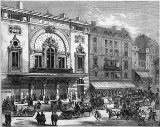 Widok z zewnątrz na teatr Porte Saint Martin w Paryżu, przebudowany w 1873 roku. Grawer „Le Monde Illustré” nr 856 z dnia 6 września 1873 roku.