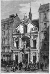 Widok zewnętrzny hotelu gazety „Le Figaro”” w Paryżu pod adresem 26, rue Drouot. Grawer w „Le Monde Illustré” nr 888 z 18 kwietnia 1874 r.