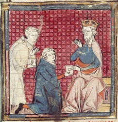 F.117r Posłańcy opowiadający Karolowi Wielkiemu o zwycięstwie nad Saracenami, z Grandes Chroniques de France, 1375-79