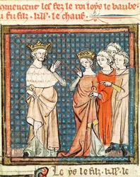 F.180r Ślub Ludwika II (846-79) Jąkała i Adelajdy Frioul, królowej Akwitanii, z Grandes Chroniques de France 1375-79