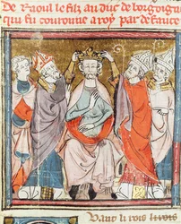 F.188r Raoul, syn księcia Burgundii, koronowany na króla Francji, z Grandes Chroniques de France, 1375-79