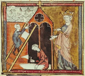 F.235v Król Ludwik VI (1080-1137) Oglądanie budowy kościoła, z Grandes Chroniques de France 1375-79