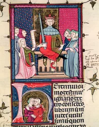 F.39r Prawo małżeńskie, cudzołożna żona pojawiająca się w sądzie, z Justiniani w Fortiatum