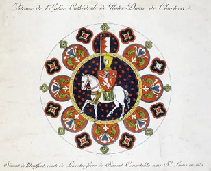 Fac porównanie z witrażu kościoła Matki Bożej z Chartres: Simont de Montfort, hrabia Leicestre, brat Simont Conétable pod Saint Louis w 1231 roku.