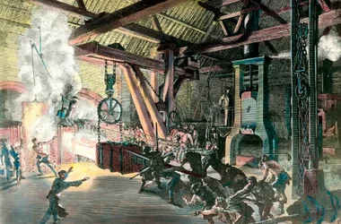 Fabryka: „”Le hamteau perkusista (młot-perkusista) des forges du Creusot w 1865”” Grawer około 1865. Zbiory prywatne