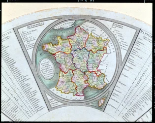 Wachlarz przedstawiający mapę Francji podzieloną na 9 regionów, 10 metropolii i 83 departamenty, 1790