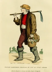 Strój chłopski od XVII do XVIII wieku. Kolorowy sztych według rysunku Chevignarda, w dziele „Francja i Francuzi na przestrzeni wieków” Augustina Challamela, F. Roy, wydawca, Paryż 1882. Kolekcja Selva.