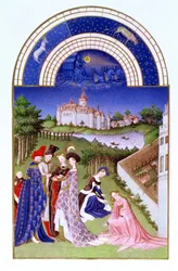 Faksymile z kwietnia: figury dworskie na terenie zamku autorstwa braci Limbourg, z Tres Riches Heures du Duc de Berry (oryginał patrz 8436)