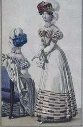 Talerz z modą, Paryż, ilustracja z Le Petit Courrier des Dames, ok. 1820 (kolor grawerowany)