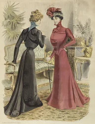 Talerz modowy, w salonie, ilustracja z La Nouvelle Mode, 1897 (kolor grawerowany)