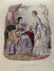 Tabliczka z modą przedstawiająca kobiety w sukienkach zaprojektowane przez Mme Breant-Castel i oglądające albumy ze zdjęciami, 1872