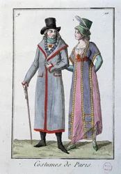 Moda pod dyrekcją: para eleganckich paryżan. Anonimowa litografia z 1795 r. Paryż, muzeum kostiumów