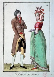 Moda pod katalogiem: para elegancka, kobieta nosi kapelusz u ogrodnika. Rycina z 1795 roku. Paryż, muzeum kostiumów