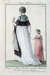 Moda pod zarząd: elegancka młoda paryżanka ubrana w Tytusa, płaszcz z gazy z koronką. 1797. Paryż, muzeum kostiumów