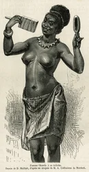 Femme Okanda ma swoją toaletę, rysowaną przez D.Maillarda, ilustrującą historię podróży do Gabonu i rzeki Ogoue, w latach 1875-1877, Alfreda Marche. Grawerowanie w Le tour du monde