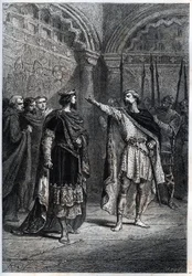 Reżim feodalny: „Kto uczynił cię królem? „” : Audebert (Adalbert), hrabia Perigord (968-995), zuchwale odpowiada królowi Hugues Capet (938-996), który zapytał go, kto go zmusił do liczenia - Grawerowana opona „Histoire de France” Guizota