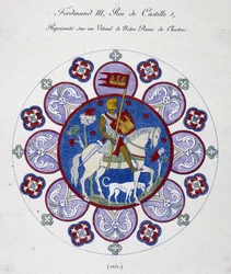 Fernand III, król Kastylii, przedstawia na witrażu Notre Dame de Chartres (1252). Porównanie uczelni.