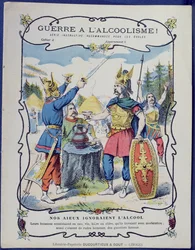 Walka z alkoholizmem!, ilustracja galijskich wojowników z rękawa ochronnego do podręczników szkolnych, koniec XIX wieku