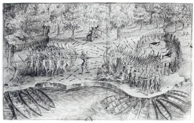 Walka z Huronami, z "Voyage de Champlain in 1624" Samuela de Champlaina (1567-1635)