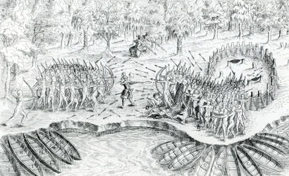 Walka z Huronami, z Voyage de Champlain w 1624 Samuel de Champlain, 1567-1635