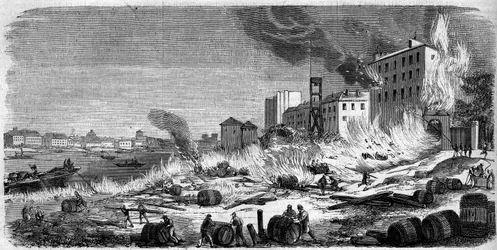 Pożar magazynów wina Bercy 5 sierpnia 1860 r. Grawer „”Le Monde Illustré” n°174 z 11 sierpnia 1860 r.