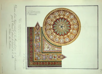 Pierwsze Cesarstwo: projekt dywanu wykonany w Manufacture de la Savonnerie dla Gabinetu Pracy Cesarza Napoleona I (1769-1821) w Palais des Tuileries w Paryżu