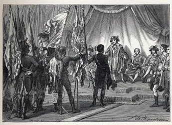 Pierwsza koalicja: Joachim Murat (1767-1815) przekazuje Zarządowi flagi zdobyte przez armię francuską pod dowództwem Napoleona Bonaparte podczas kampanii włoskiej. Rycina z 1889 r. Ze zbiorów prywatnych.